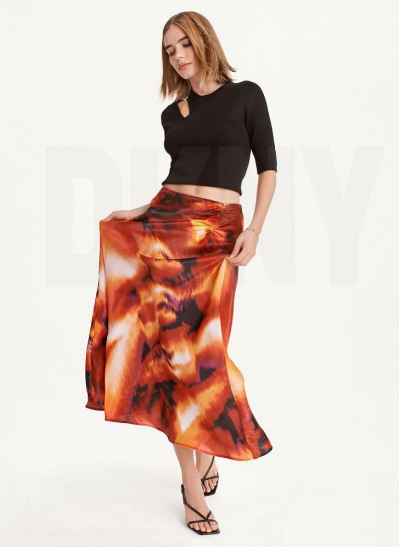 DKNY Printed Satin Ruched Maxi Röcke Damen Schwarz Mehrfarbig | Austria_D1406