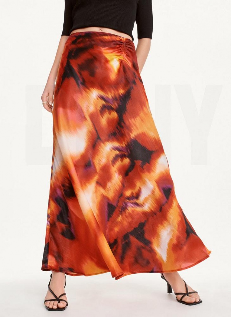 DKNY Printed Satin Ruched Maxi Röcke Damen Schwarz Mehrfarbig | Austria_D1406