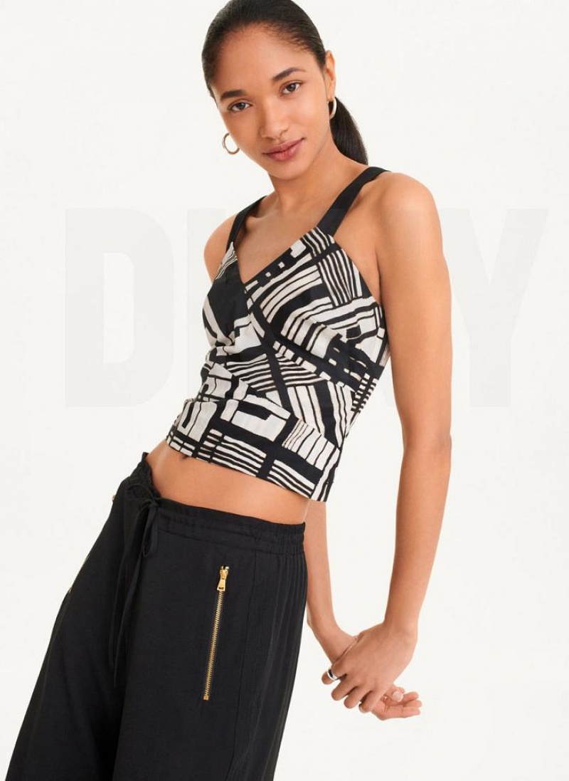 DKNY Printed Voile Crop Tanktop Damen Schwarz Mehrfarbig | Austria_D1030