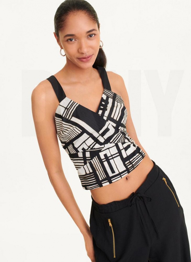 DKNY Printed Voile Crop Tanktop Damen Schwarz Mehrfarbig | Austria_D1030