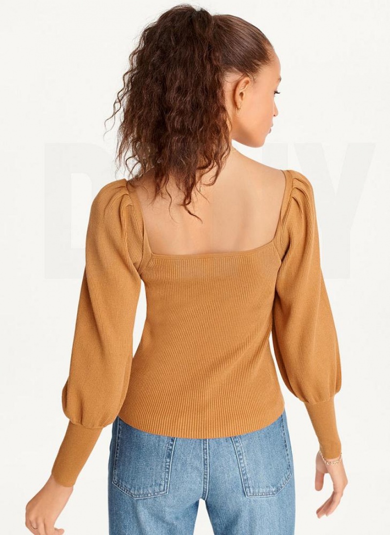 DKNY Puff-Sleeve Sweatheart Pullover Damen Braun | Austria_D0858