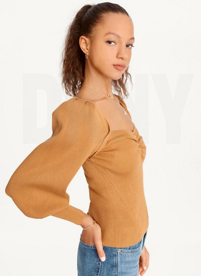 DKNY Puff-Sleeve Sweatheart Pullover Damen Braun | Austria_D0858