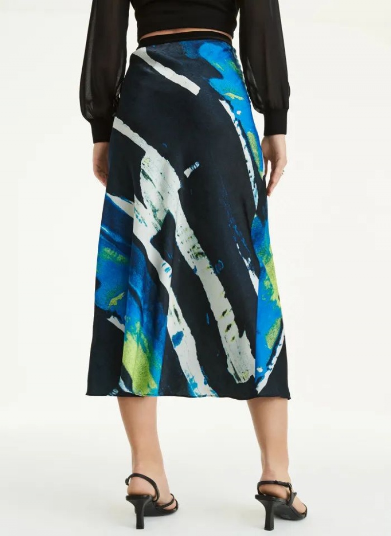 DKNY Pull On Print Satin Midi Röcke Damen Blau | Austria_D1588