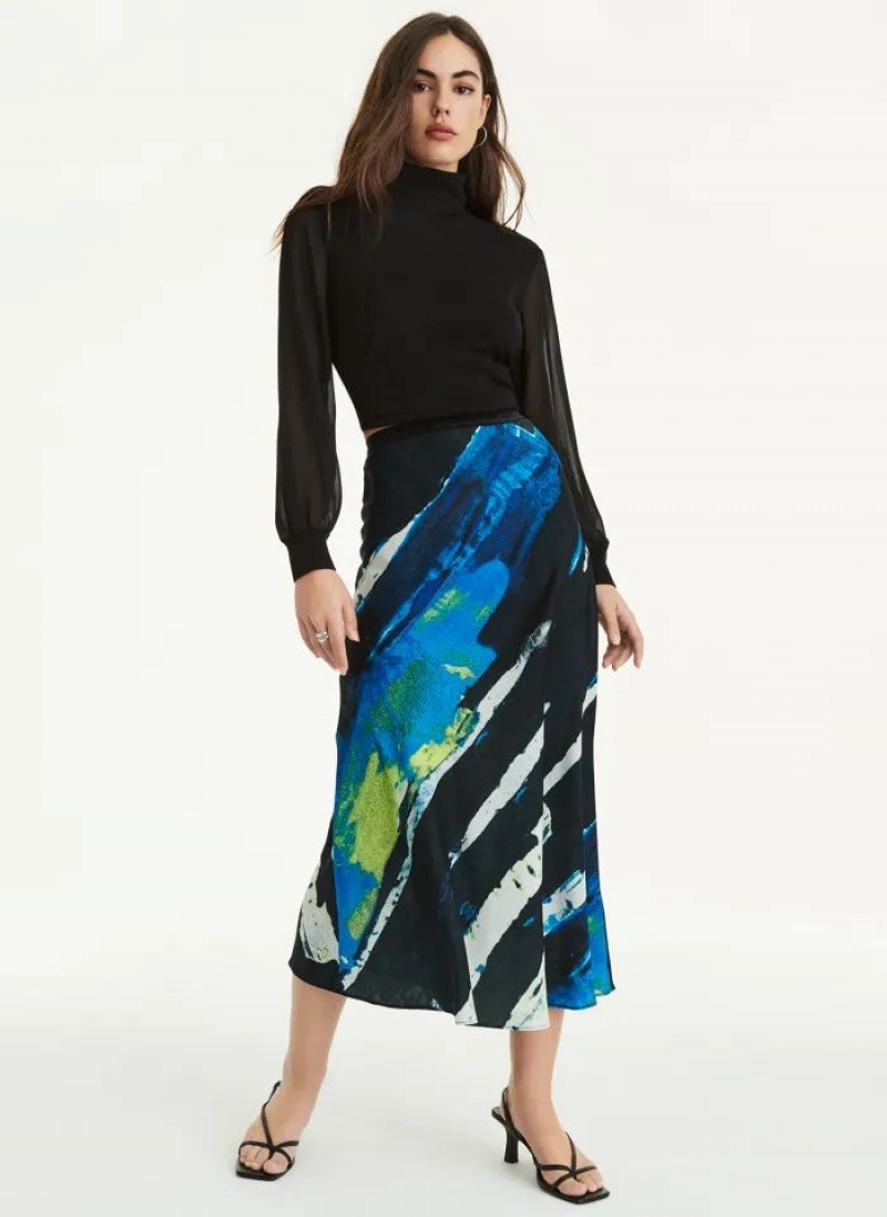 DKNY Pull On Print Satin Midi Röcke Damen Blau | Austria_D1588