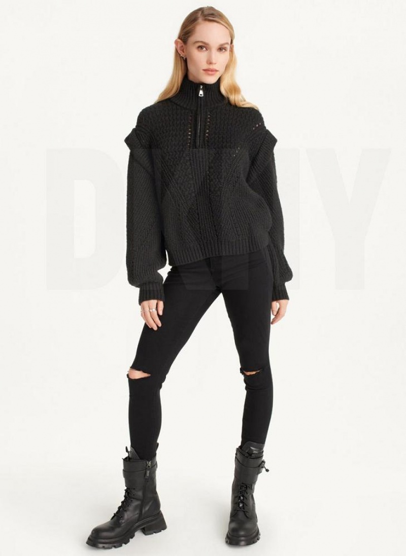 DKNY Quarter Zip Cable Knit Pullover Damen Schwarz | Austria_D1157