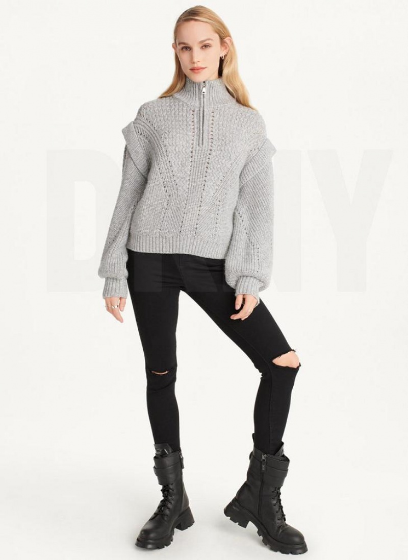 DKNY Quarter Zip Cable Knit Pullover Damen Grau | Austria_D1818