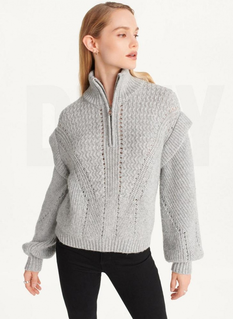 DKNY Quarter Zip Cable Knit Pullover Damen Grau | Austria_D1818