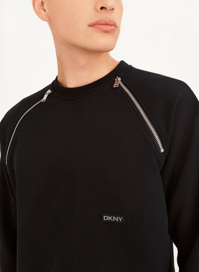 DKNY Reißverschluss Detail Crewneck Sweatshirts Herren Schwarz | Austria_D0705