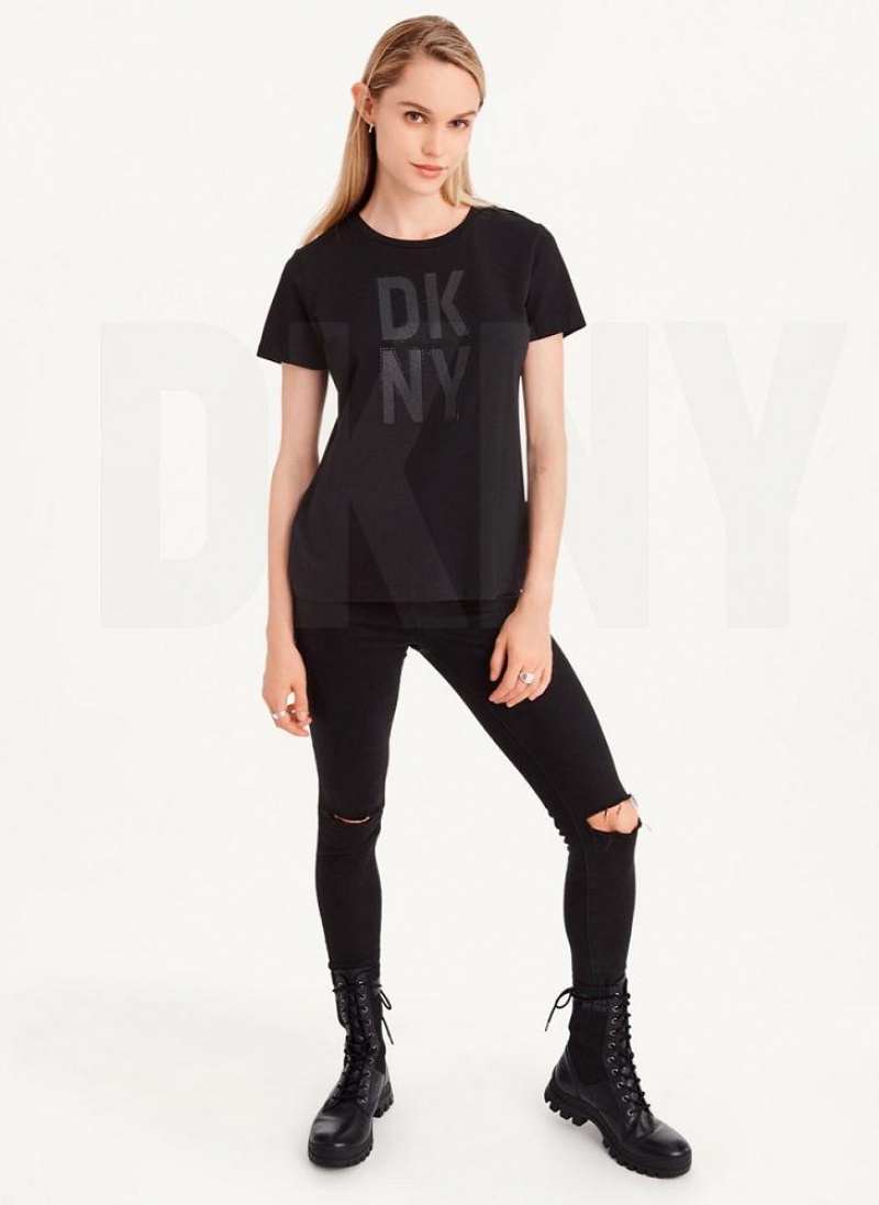 DKNY Rhinestone Glitter Logo T-shirts Damen Schwarz | Austria_D1645