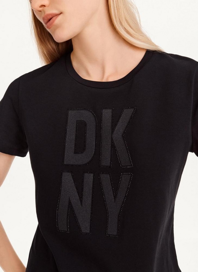 DKNY Rhinestone Glitter Logo T-shirts Damen Schwarz | Austria_D1645