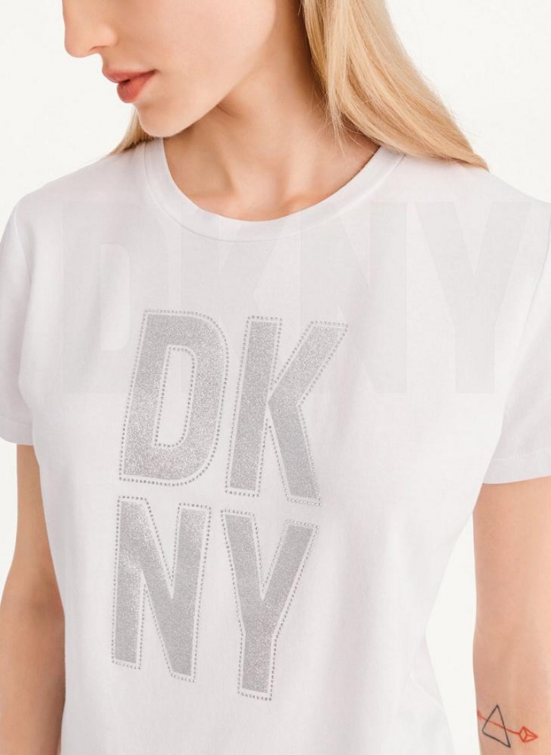 DKNY Rhinestone Glitter Logo T-shirts Damen Weiß Silber | Austria_D0412