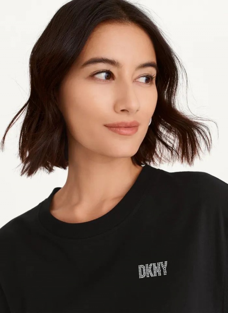 DKNY Rhinestone Logo T-Shirt Kleid Damen Schwarz | Austria_D0949