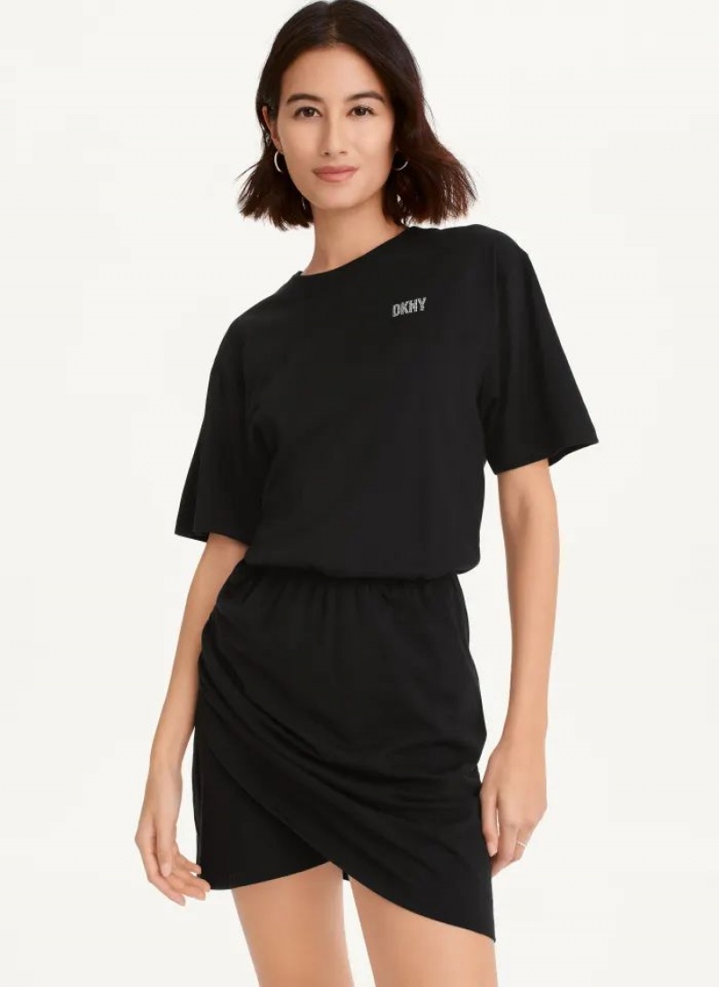 DKNY Rhinestone Logo T-Shirt Kleid Damen Schwarz | Austria_D0949