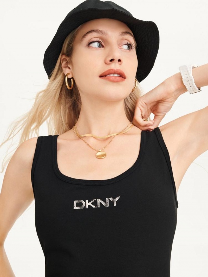 DKNY Rhinestone Logo Tank Kleid Damen Schwarz | Austria_D0624