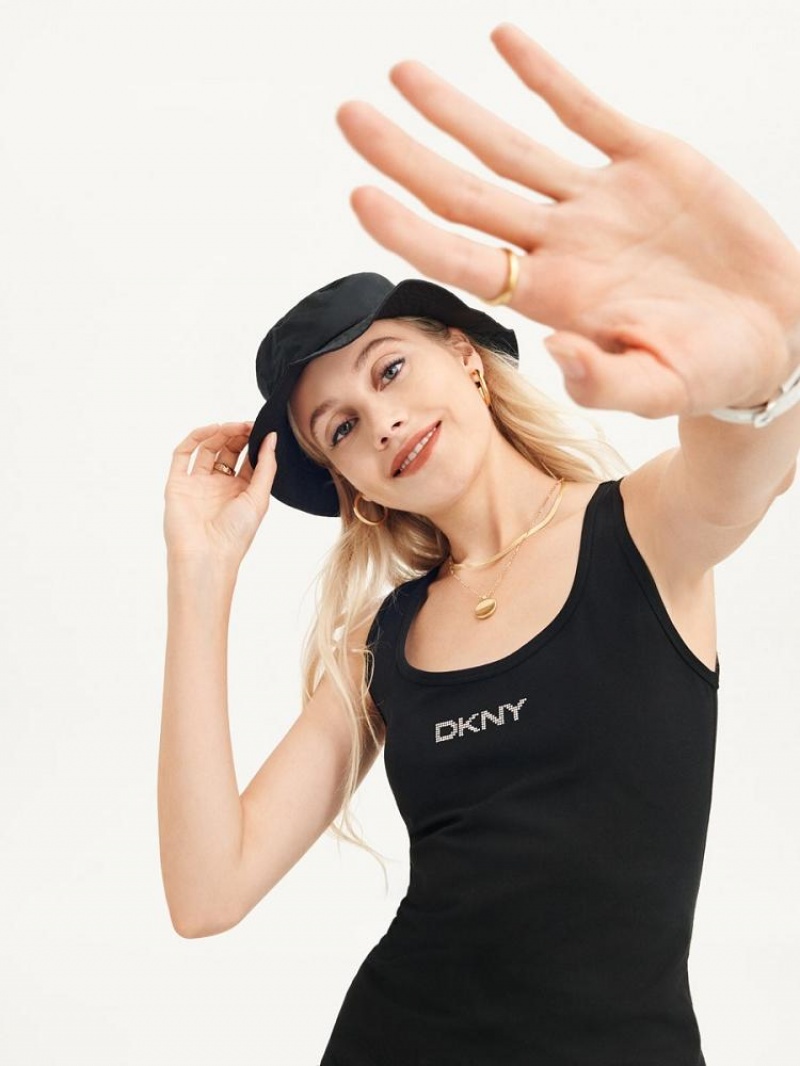 DKNY Rhinestone Logo Tank Kleid Damen Schwarz | Austria_D0624