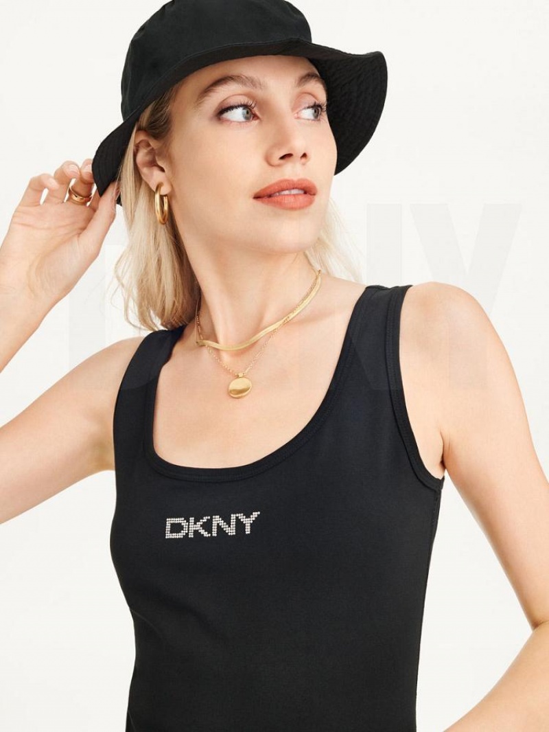 DKNY Rhinestone Logo Tank Kleid Damen Schwarz | Austria_D0624