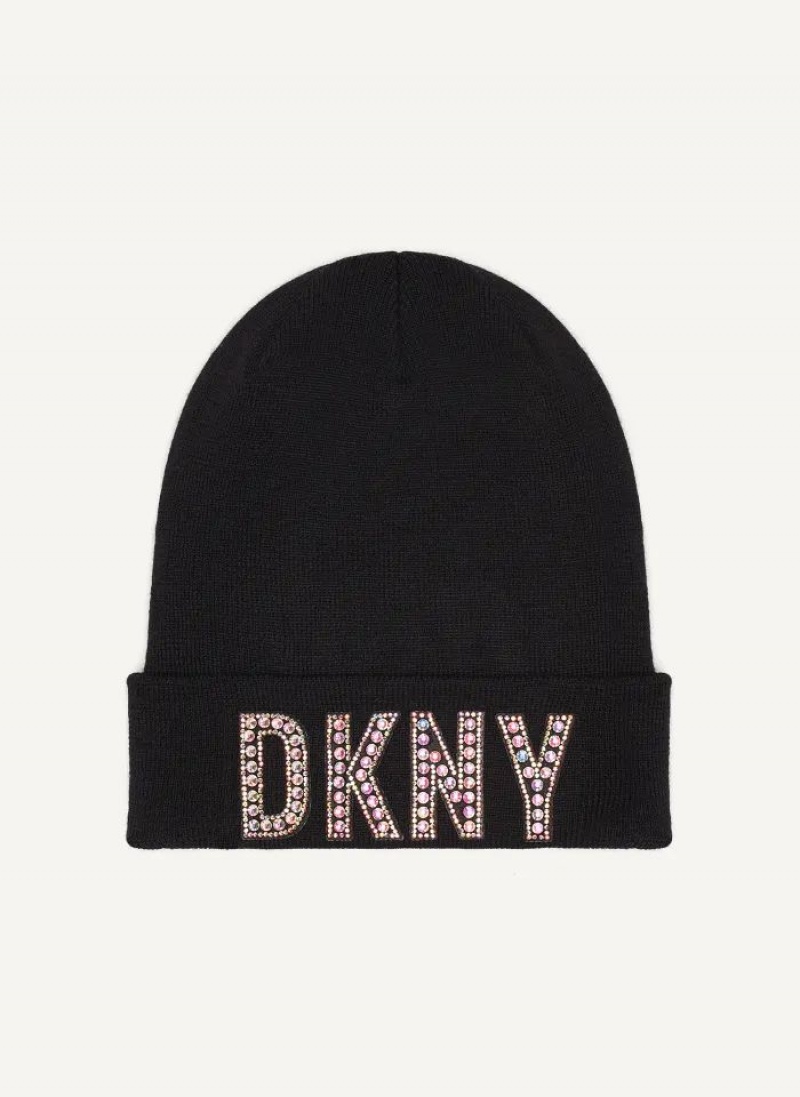 DKNY Rhinestone Patch Logo Beanie Mütze Damen Schwarz | Austria_D1163