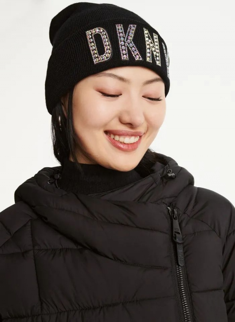 DKNY Rhinestone Patch Logo Beanie Mütze Damen Schwarz | Austria_D1163