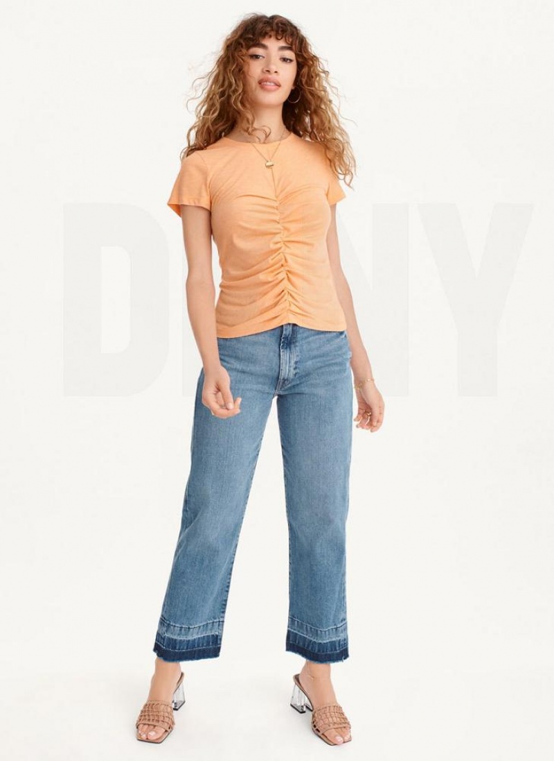 DKNY Ruched Front Crew Neck T-shirts Damen Gelb | Austria_D0347