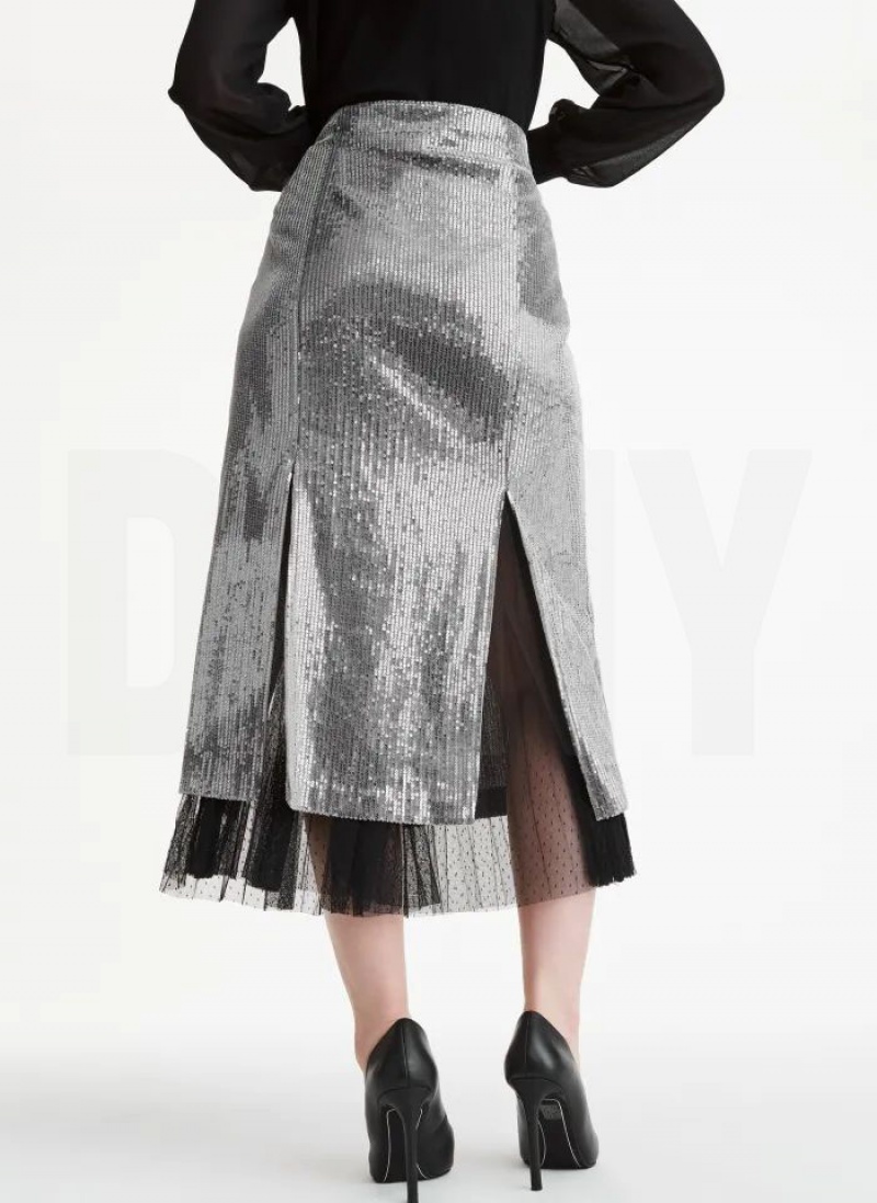 DKNY Sequin Midi With Tulle Röcke Damen Silber | Austria_D0787