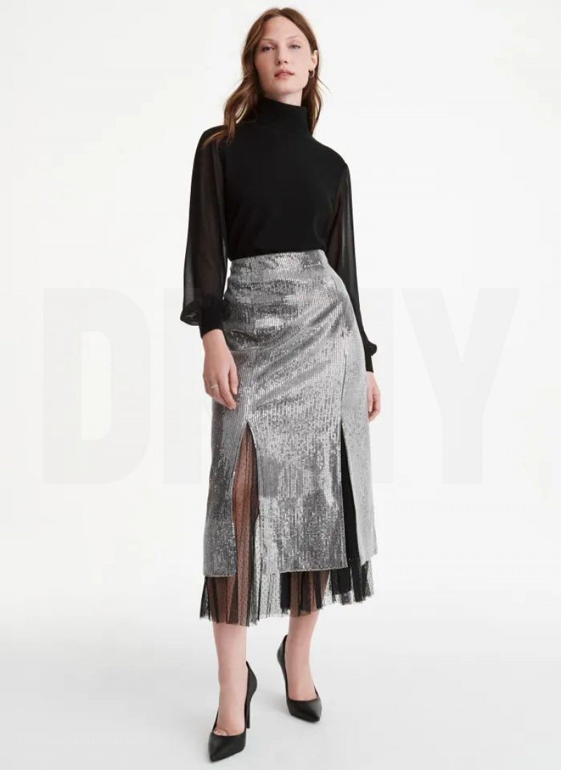 DKNY Sequin Midi With Tulle Röcke Damen Silber | Austria_D0787