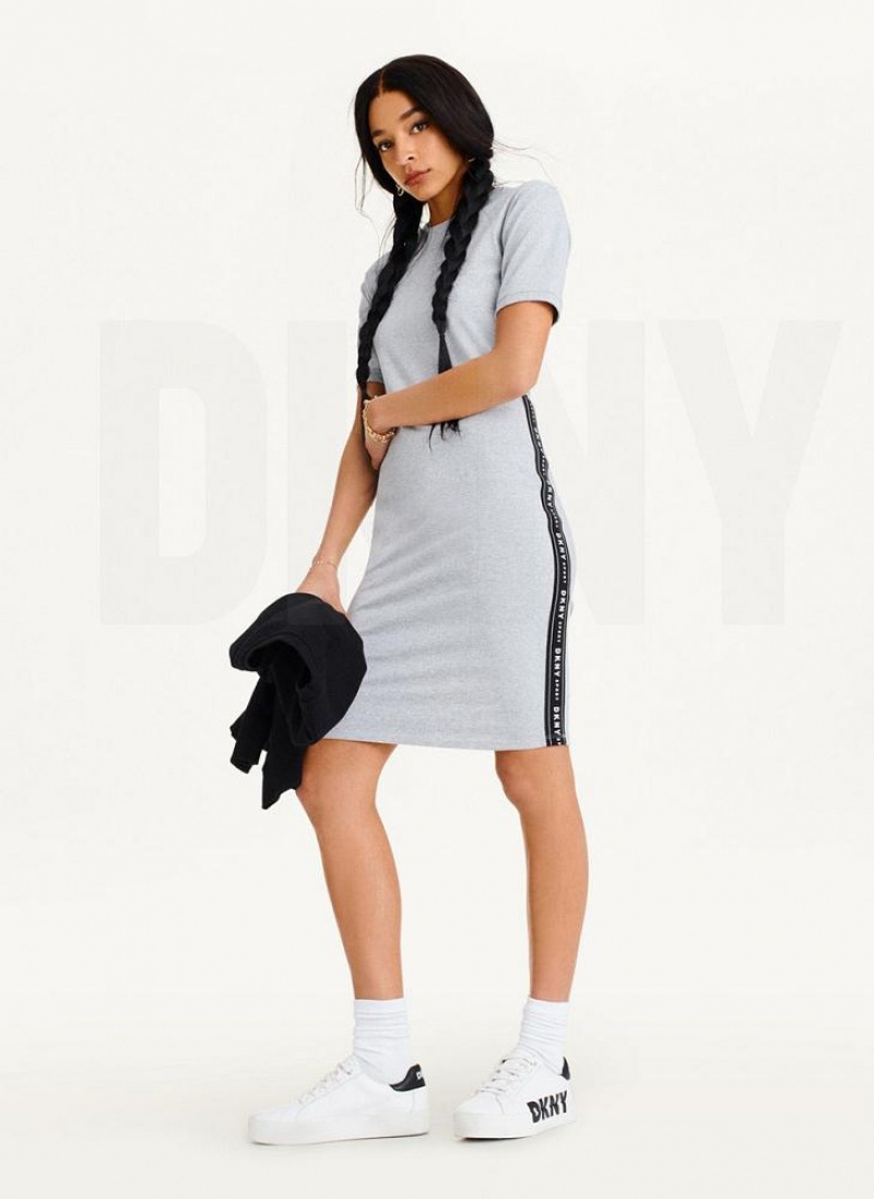 DKNY Side Logo Taping Kleid Damen Grau | Austria_D0267