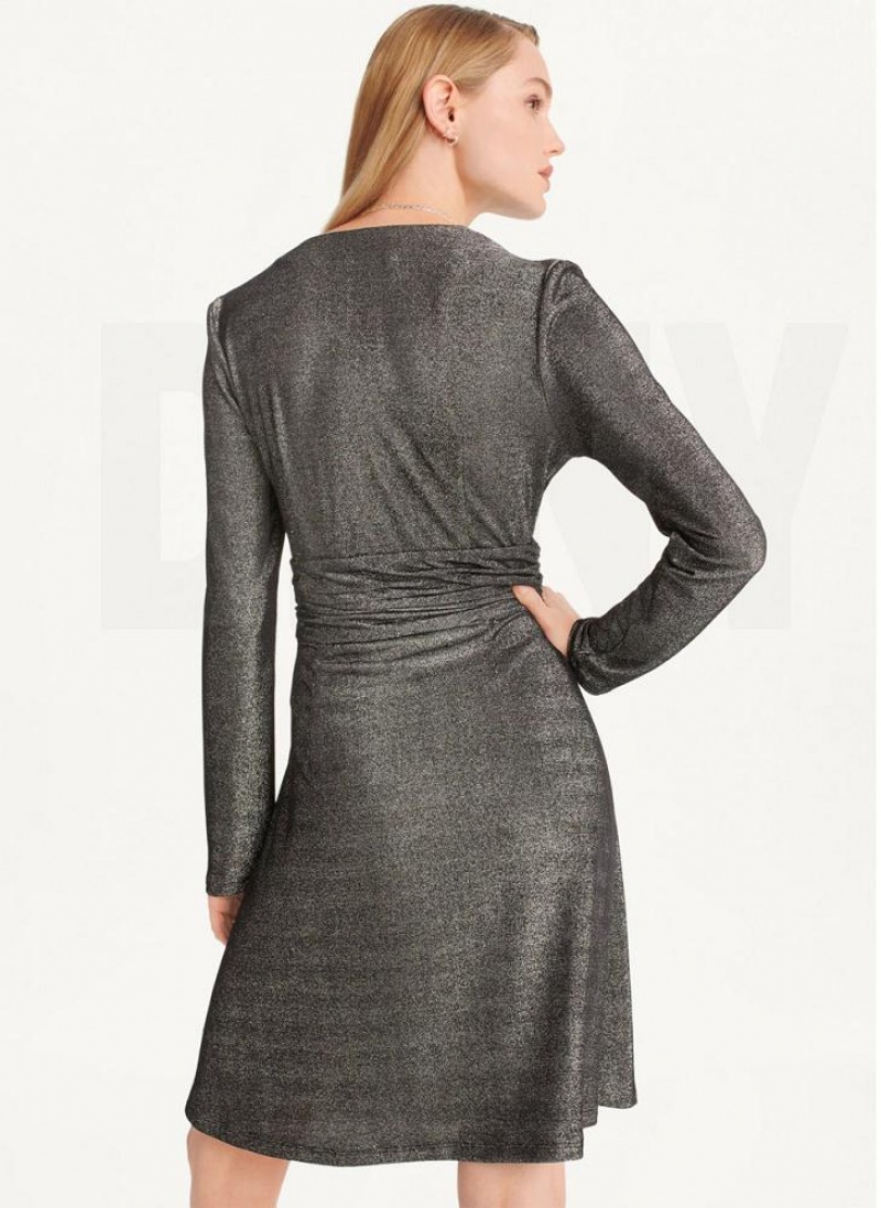 DKNY Sparkle Knit Wrap Kleid Damen Schwarz Silber | Austria_D1015