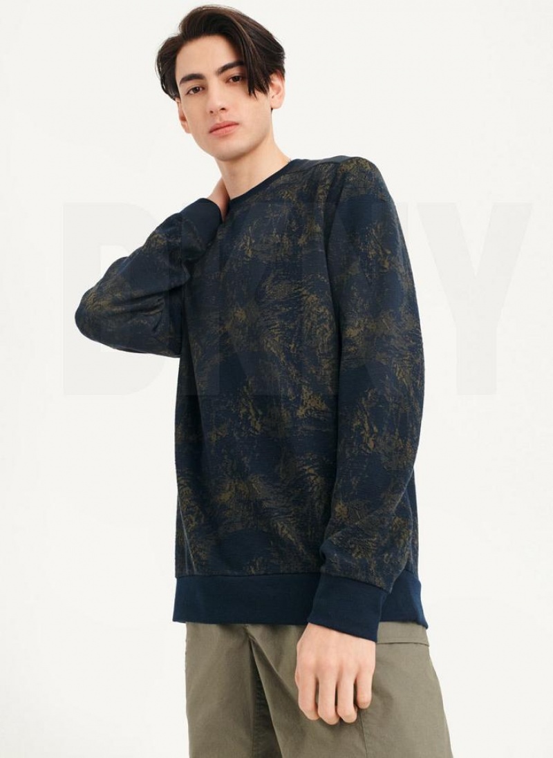 DKNY Tropical Knit Mixed Media Crewneck Sweatshirts Herren Navy | Austria_D0963