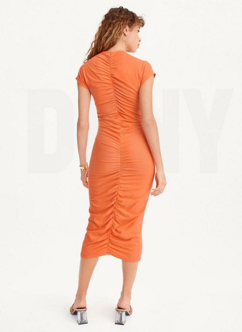 DKNY V-Neck Ruched Midi Kleid Damen Orange | Austria_D1259