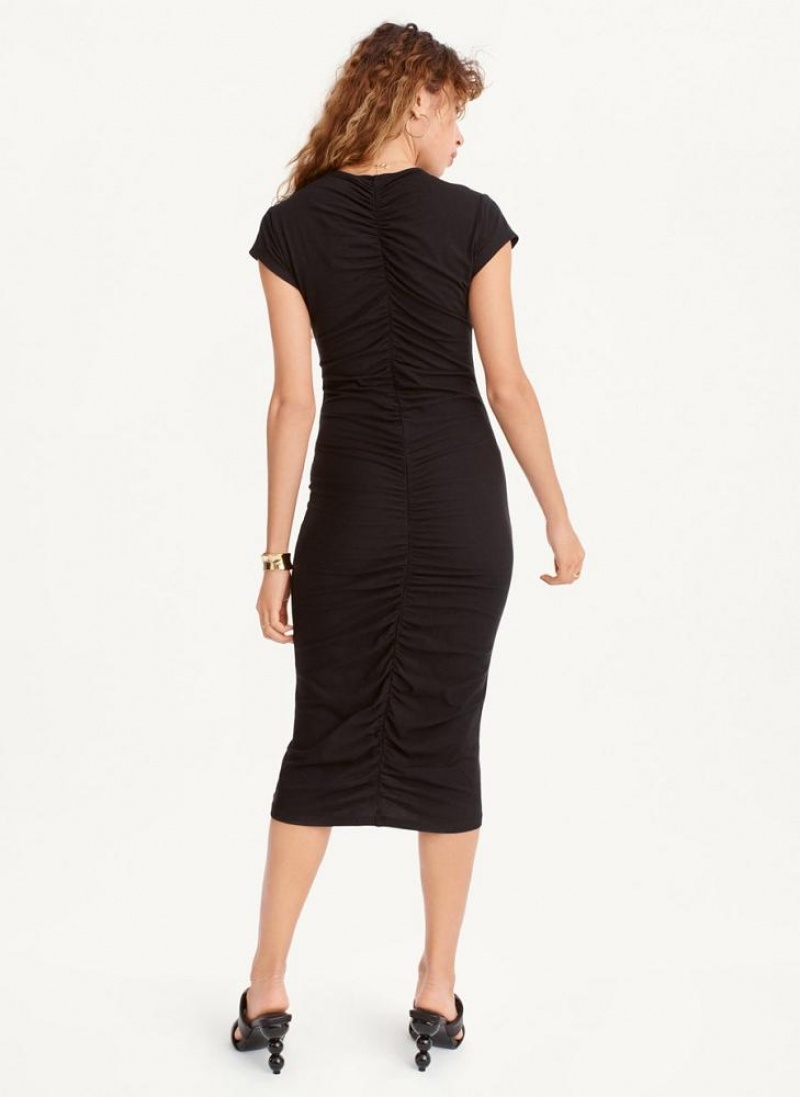 DKNY V-Neck Ruched Midi Kleid Damen Schwarz | Austria_D1903