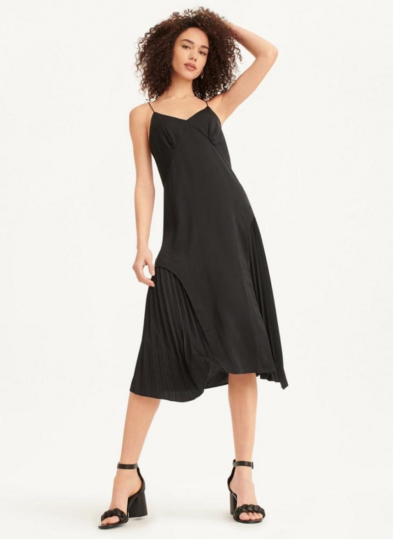 DKNY V-neck Asymmetrical Falten Kleid Damen Schwarz | Austria_D1248