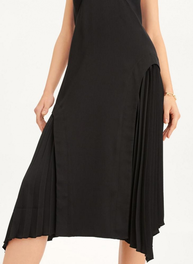 DKNY V-neck Asymmetrical Falten Kleid Damen Schwarz | Austria_D1248