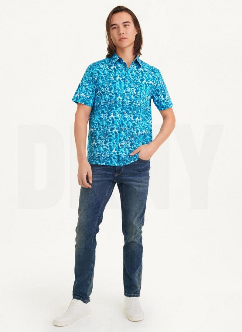 DKNY Wasser Print Hemd Herren Blau | Austria_D0746