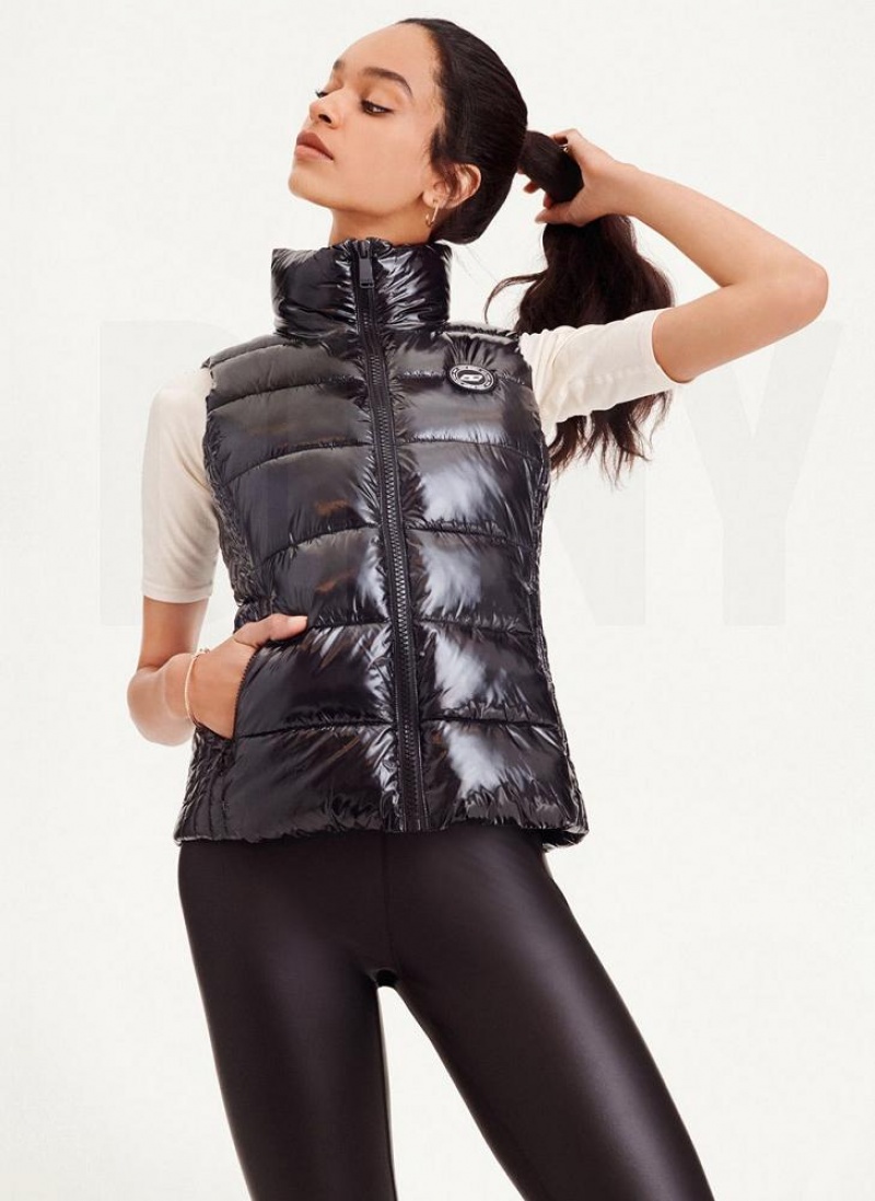 DKNY Wet Token Logo Puffer Vest Mäntel Damen Schwarz | Austria_D0948