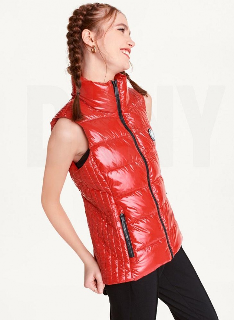 DKNY Wet Token Logo Puffer Vest Mäntel Damen Rot | Austria_D0727