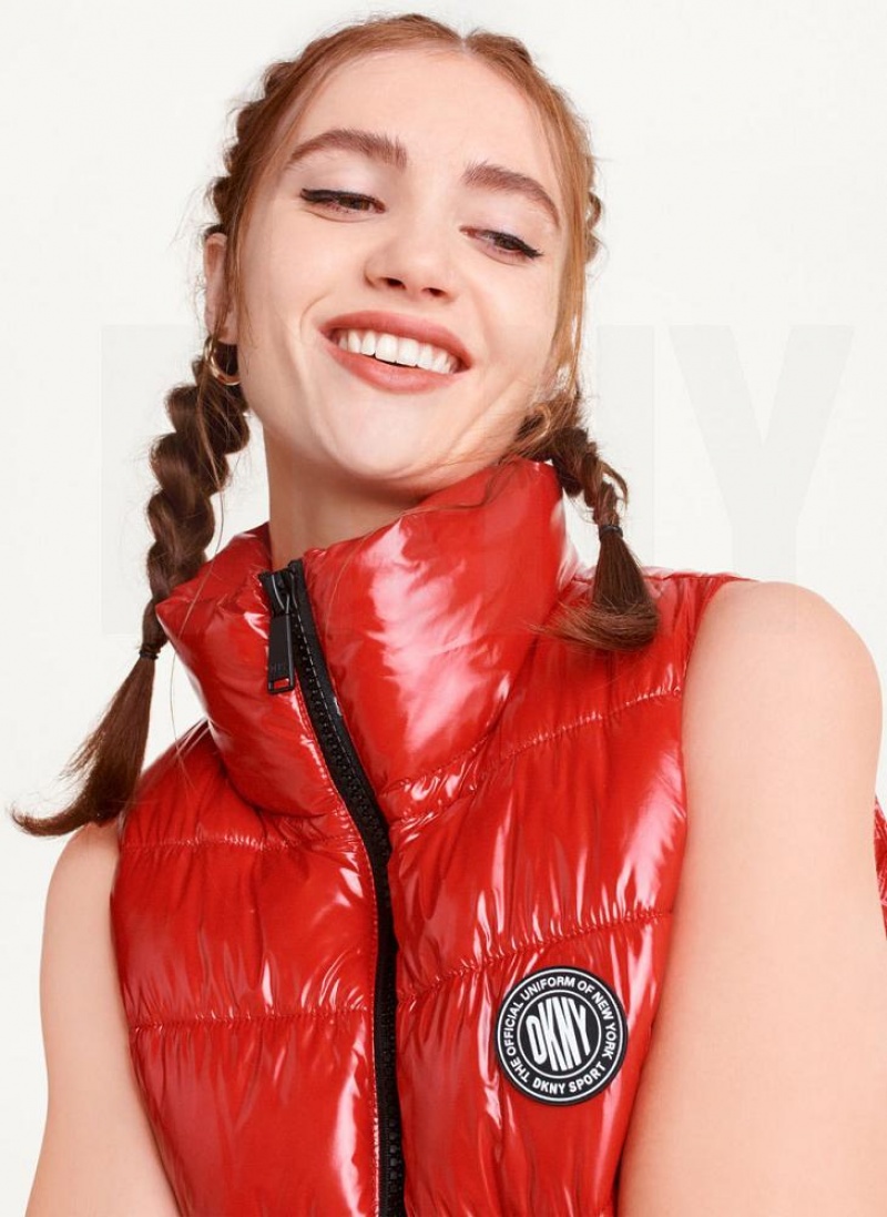 DKNY Wet Token Logo Puffer Vest Mäntel Damen Rot | Austria_D0727