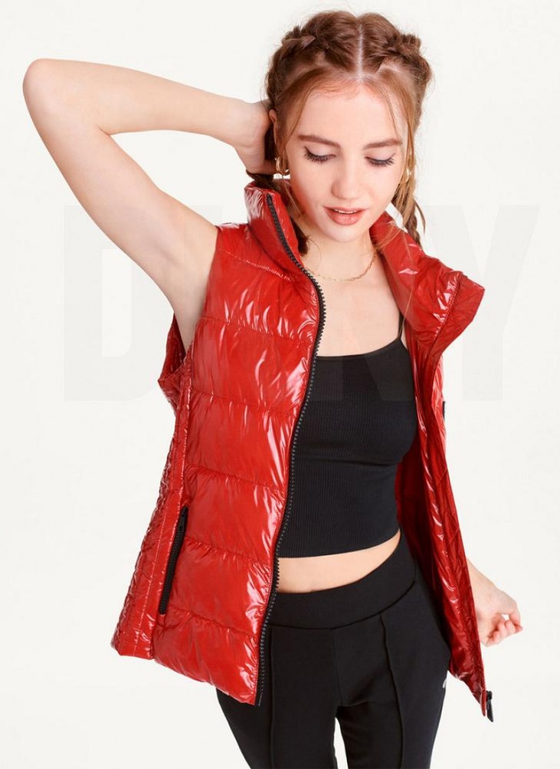 DKNY Wet Token Logo Puffer Vest Mäntel Damen Rot | Austria_D0727