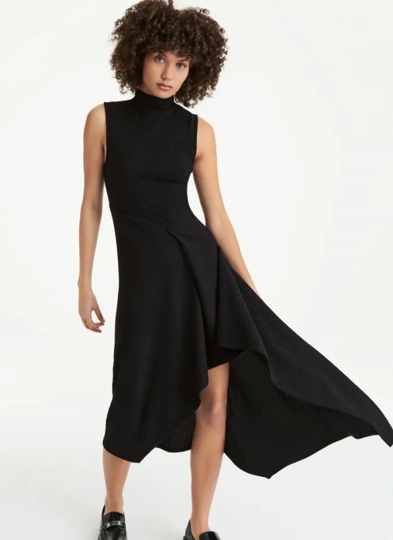 DKNY Ärmellose Asymmetrical Rib Hacci Midi Kleid Damen Schwarz | Austria_D1076