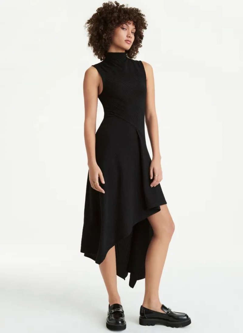 DKNY Ärmellose Asymmetrical Rib Hacci Midi Kleid Damen Schwarz | Austria_D1076