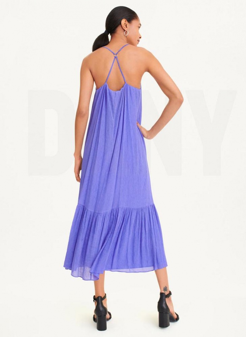 DKNY Ärmellose Crinkly Rayon Kleid Damen Blau | Austria_D0981