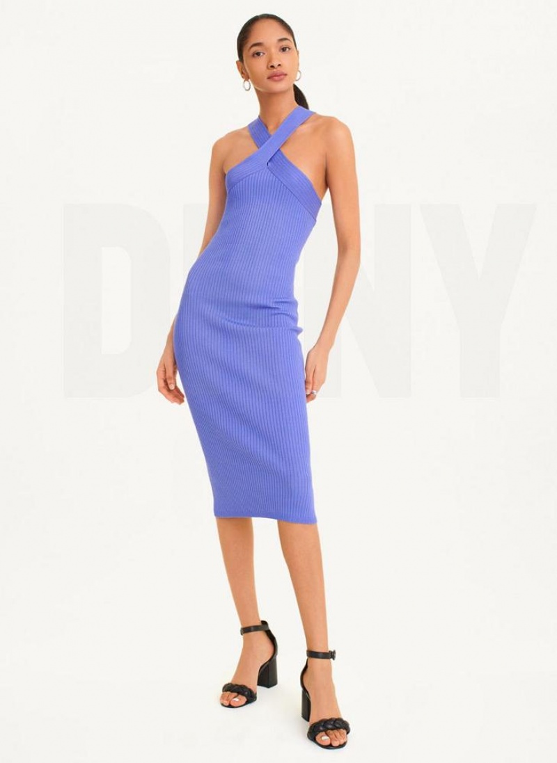 DKNY Ärmellose Crossover Pullover Kleid Damen Blau | Austria_D1958