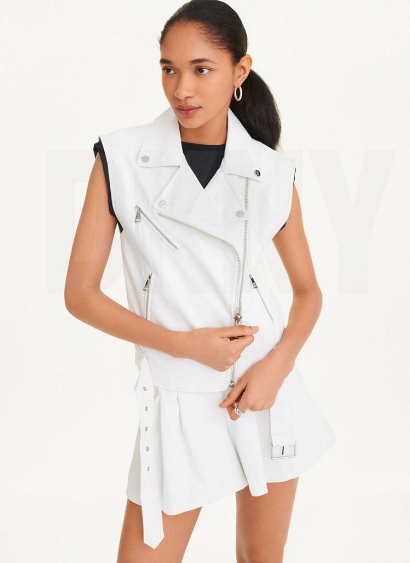 DKNY Ärmellose Vegan Leder Moto Jacken Damen Weiß | Austria_D0274